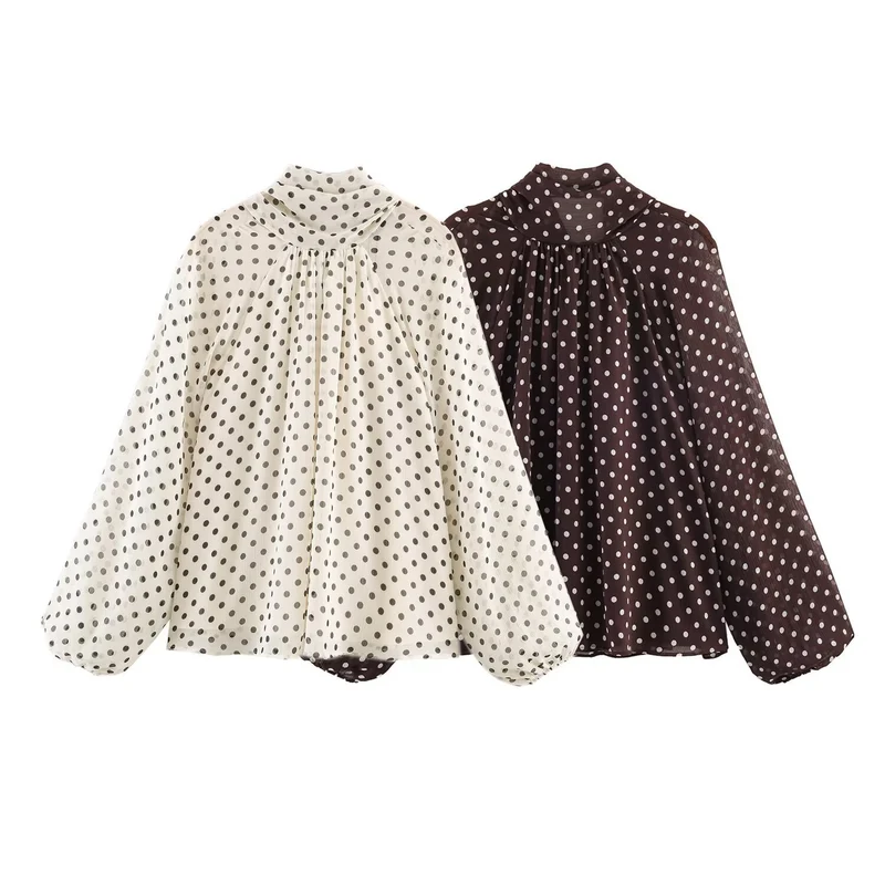 Damen Chiffon-Bluse mit Schleifenkragen und Balloon-Ärmeln Nord Taschen