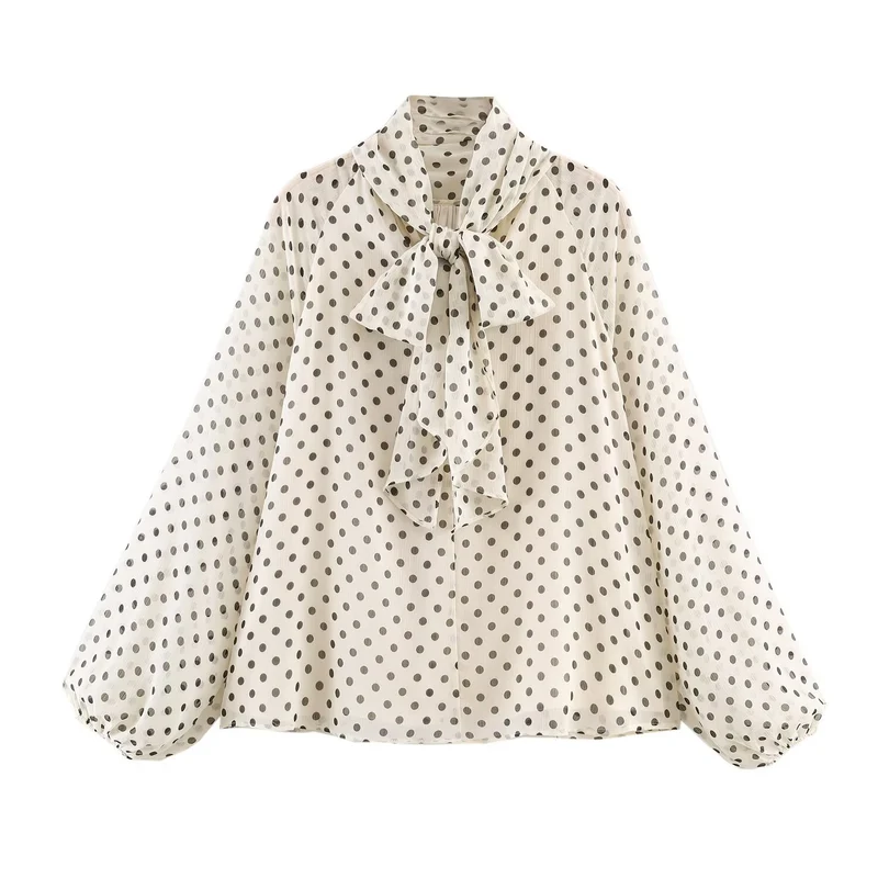 Damen Chiffon-Bluse mit Schleifenkragen und Balloon-Ärmeln Nord Taschen