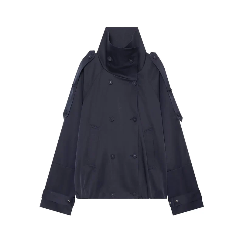 Damen Capeähnlicher Kurzer Doppelreiher-Trench mit hohem Stehkragen und verstellbaren Manschetten Nord Taschen