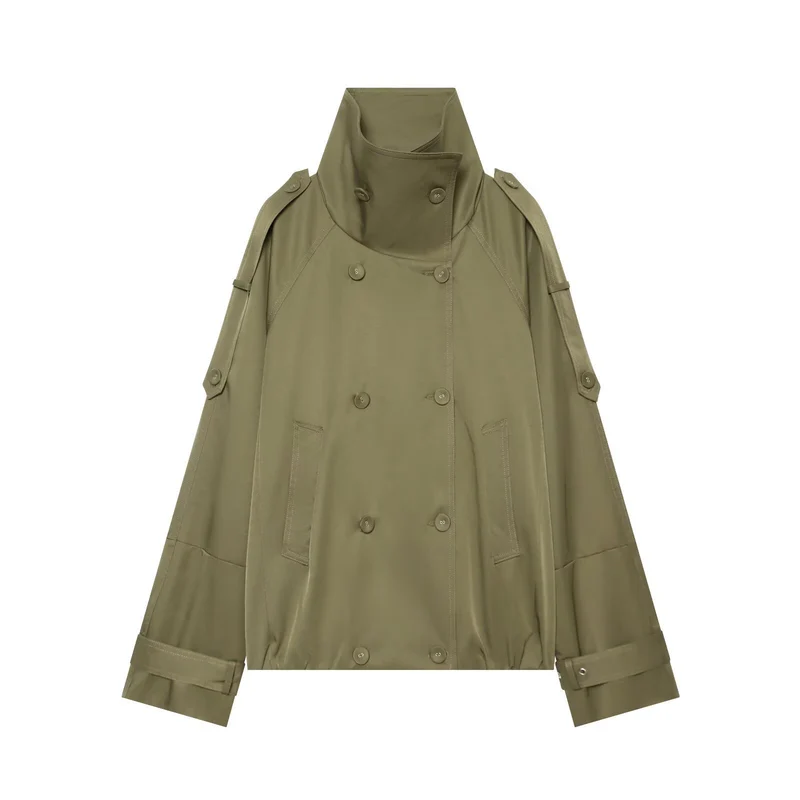 Damen Capeähnlicher Kurzer Doppelreiher-Trench mit hohem Stehkragen und verstellbaren Manschetten Nord Taschen