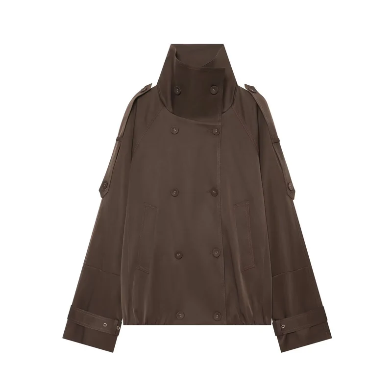 Damen Capeähnlicher Kurzer Doppelreiher-Trench mit hohem Stehkragen und verstellbaren Manschetten Nord Taschen