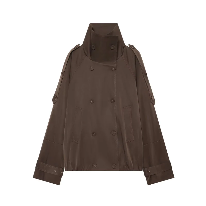 Damen Capeähnlicher Kurzer Doppelreiher-Trench mit hohem Stehkragen und verstellbaren Manschetten Nord Taschen