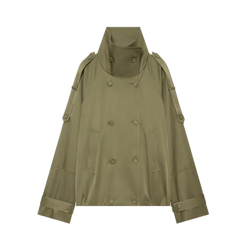 Damen Capeähnlicher Kurzer Doppelreiher-Trench mit hohem Stehkragen und verstellbaren Manschetten Nord Taschen