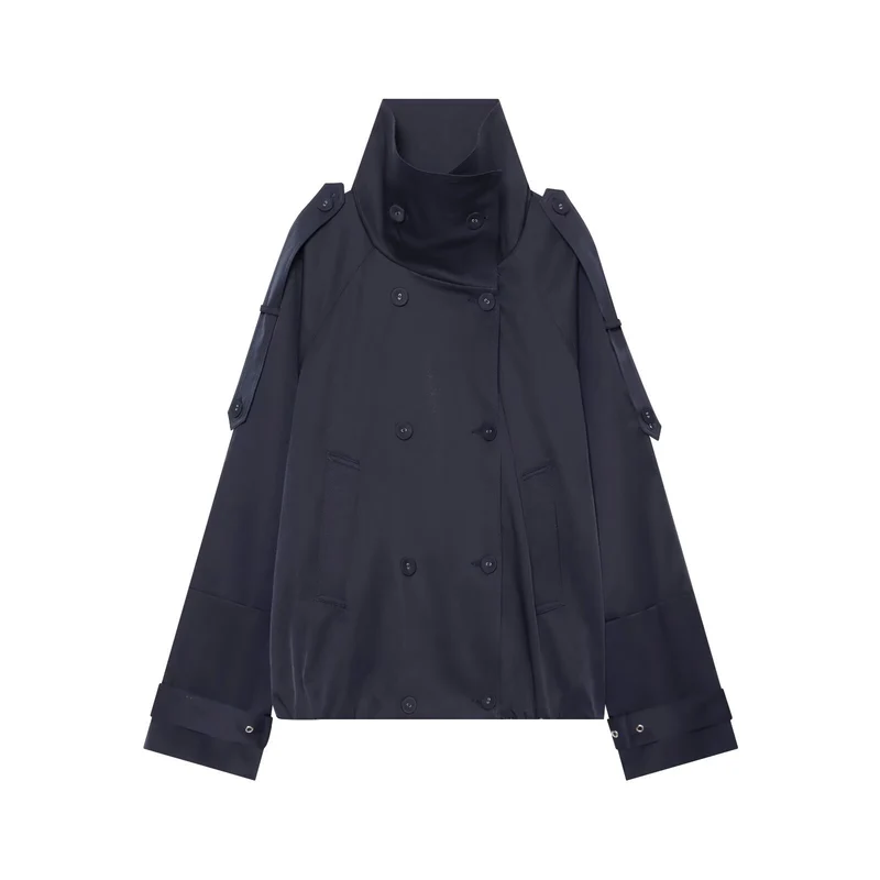 Damen Capeähnlicher Kurzer Doppelreiher-Trench mit hohem Stehkragen und verstellbaren Manschetten Nord Taschen