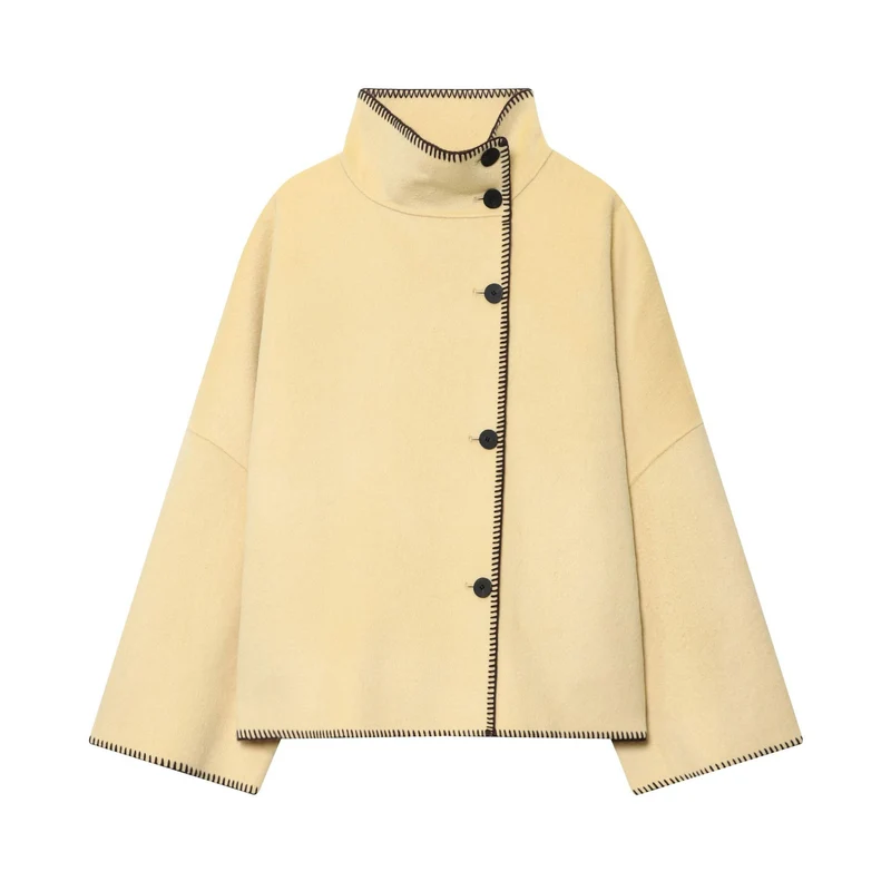 Damen Cape-Mantel mit Stehkragen, asymmetrischer Knopfleiste und Ziernaht Nord Taschen