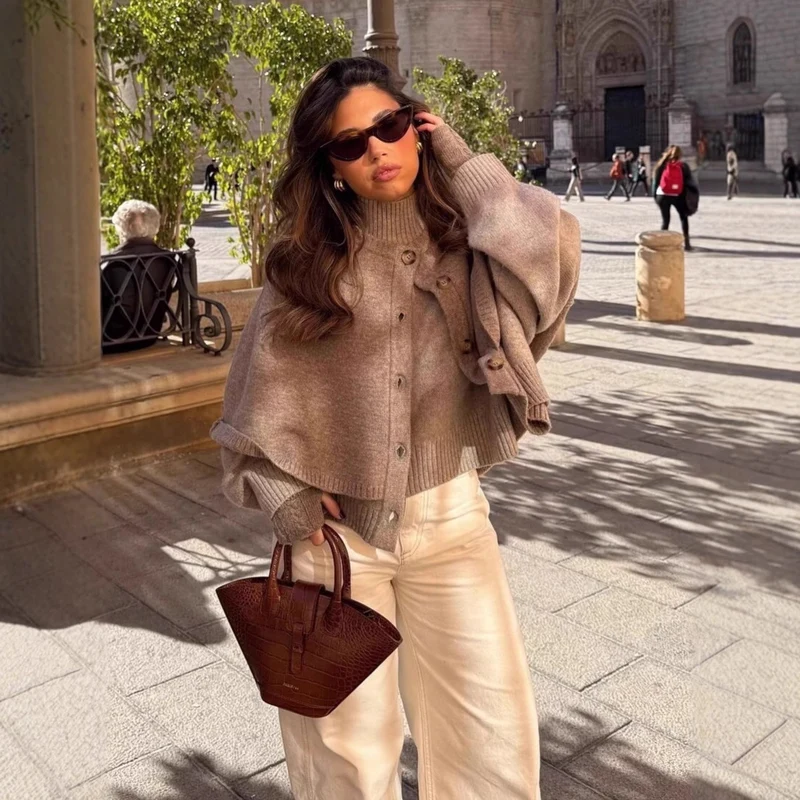 Damen Cape-Cardigan mit Knopfleiste und zweilagigem Umhang Nord Taschen