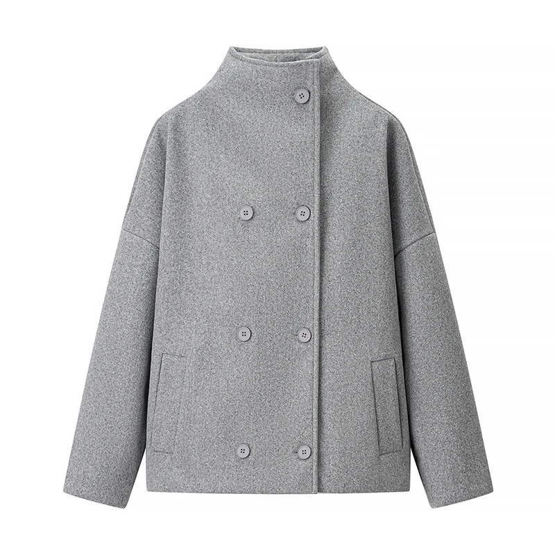 Damen Boxy Wollmix-Cabanjacke mit Stehkragen und überschnittenen Schultern Nord Taschen