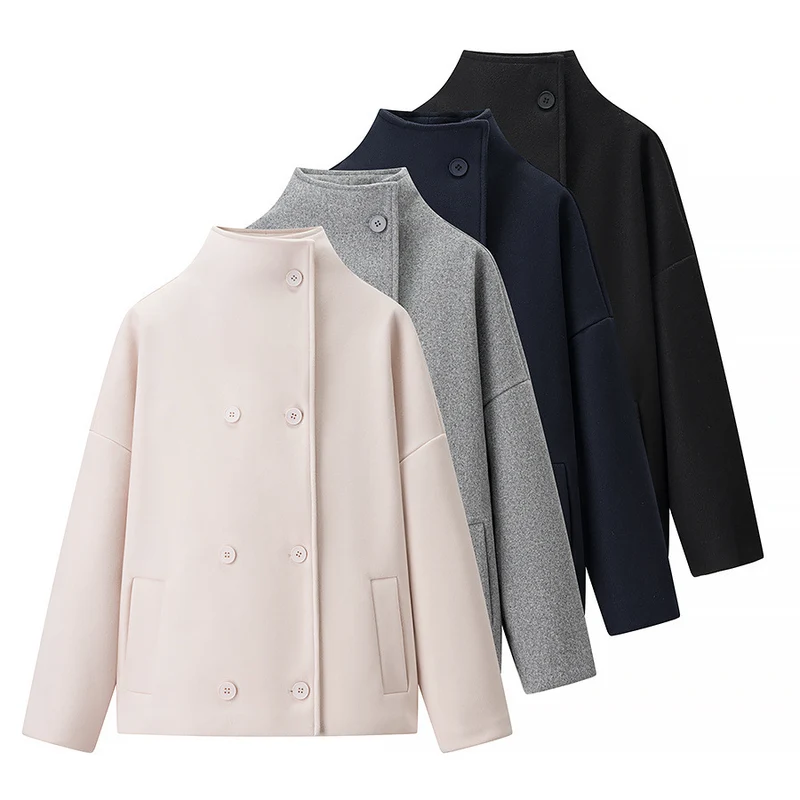 Damen Boxy Wollmix-Cabanjacke mit Stehkragen und überschnittenen Schultern Nord Taschen