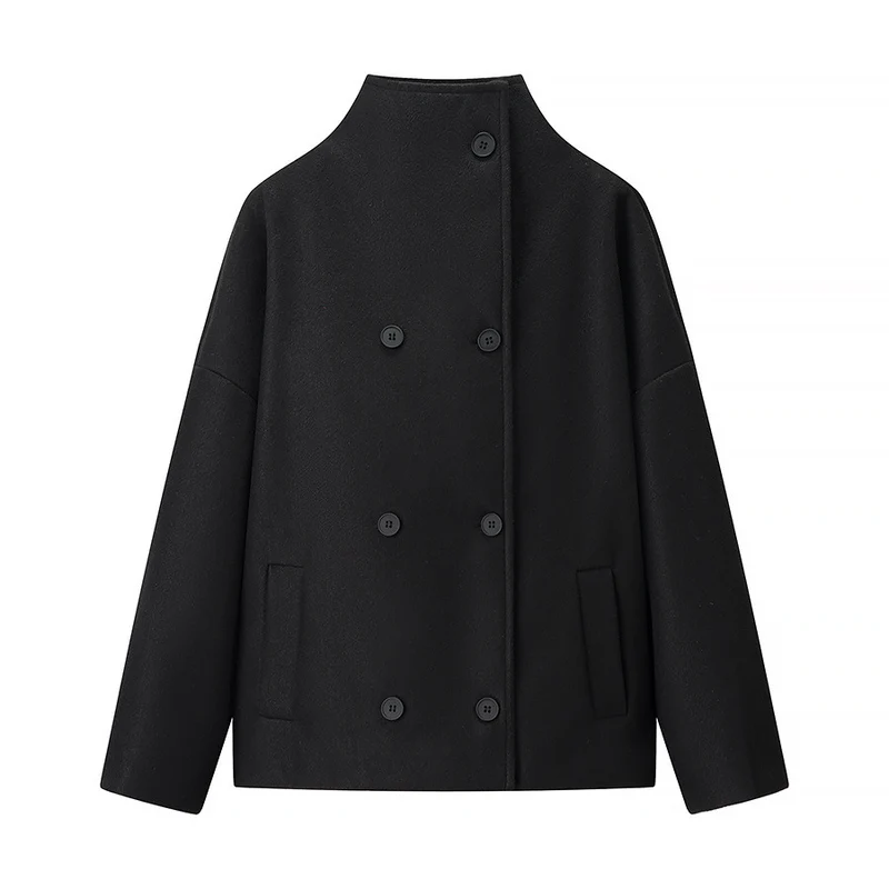 Damen Boxy Wollmix-Cabanjacke mit Stehkragen und überschnittenen Schultern Nord Taschen