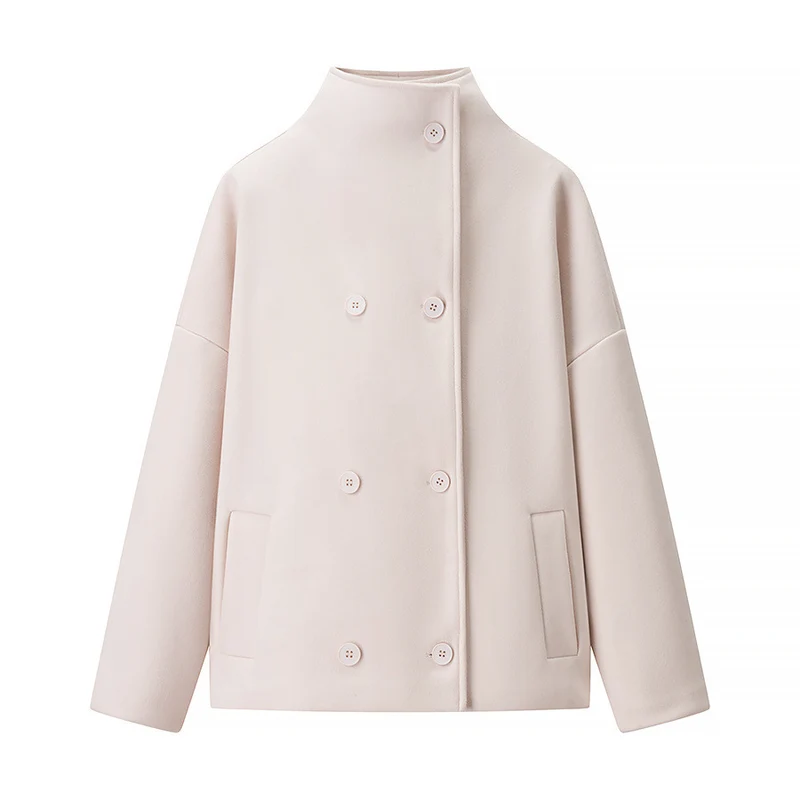 Damen Boxy Wollmix-Cabanjacke mit Stehkragen und überschnittenen Schultern Nord Taschen