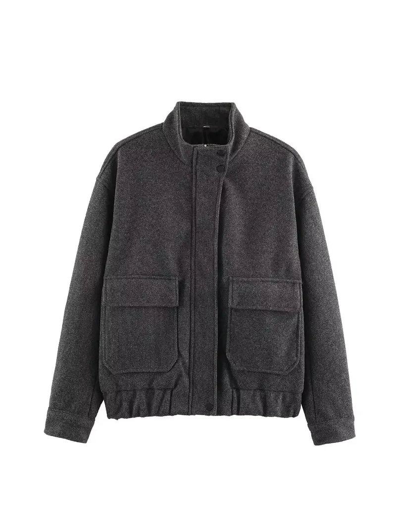 Damen Boxy Wollmix‑Blousonjacke mit Stehkragen, großen Pattentaschen und elastischem Saum Nord Taschen