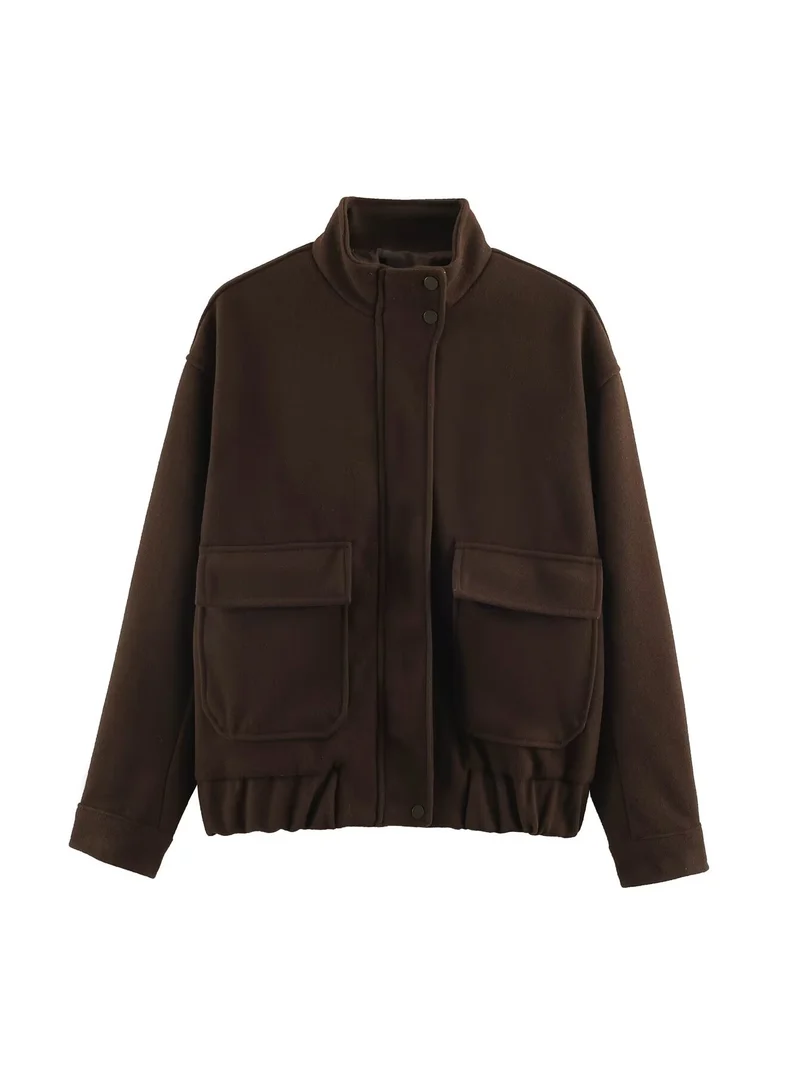 Damen Boxy Wollmix‑Blousonjacke mit Stehkragen, großen Pattentaschen und elastischem Saum Nord Taschen