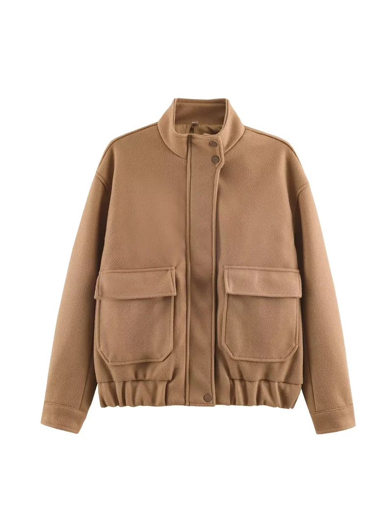 Damen Boxy Wollmix‑Blousonjacke mit Stehkragen, großen Pattentaschen und elastischem Saum Nord Taschen