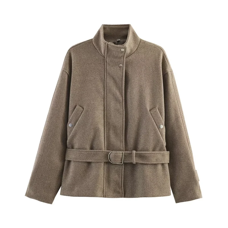 Damen Boxy-Wolljacke mit Stehkragen, verdeckter Druckknopfleiste und D-Ring Taillengürtel Nord Taschen