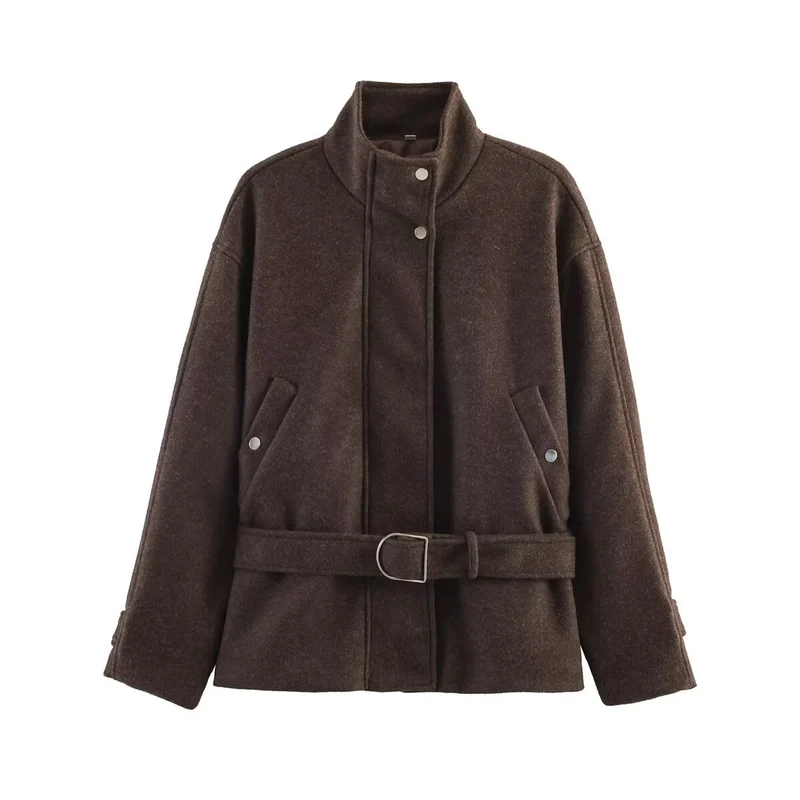 Damen Boxy-Wolljacke mit Stehkragen, verdeckter Druckknopfleiste und D-Ring Taillengürtel Nord Taschen