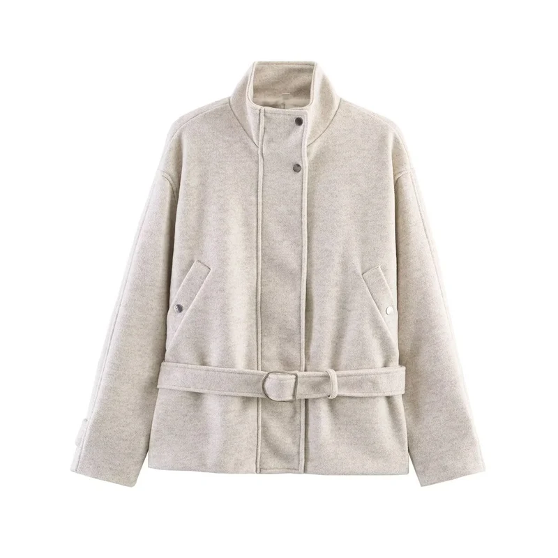 Damen Boxy-Wolljacke mit Stehkragen, verdeckter Druckknopfleiste und D-Ring Taillengürtel Nord Taschen