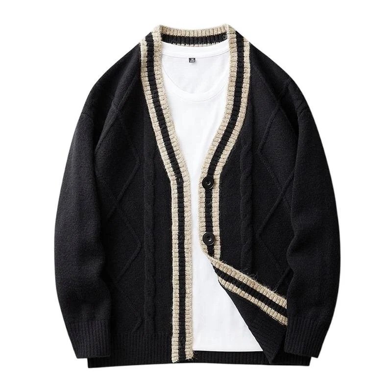 Herren Strickcardigan mit Zopfmuster, V-Ausschnitt und Kontrastkante Nord Taschen