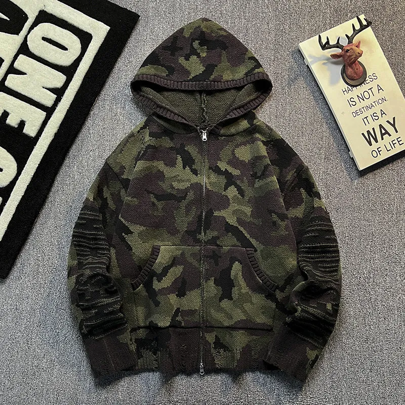 Herren Strick-Kapuzenjacke im Camouflage-Look mit Reißverschluss und used-Details Nord Taschen