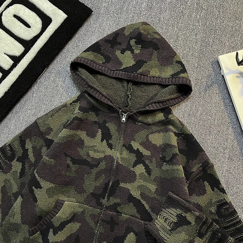 Herren Strick-Kapuzenjacke im Camouflage-Look mit Reißverschluss und used-Details Nord Taschen