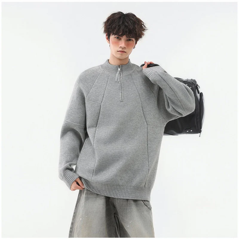 Herren Strick-Halbzip-Pullover mit Stehkragen und strukturierten Rippdetails Nord Taschen