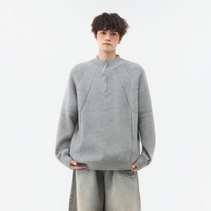 Herren Strick-Halbzip-Pullover mit Stehkragen und strukturierten Rippdetails Nord Taschen