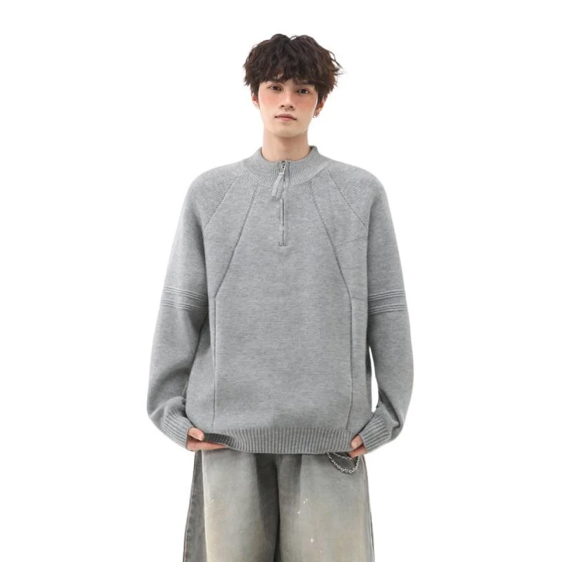 Herren Strick-Halbzip-Pullover mit Stehkragen und strukturierten Rippdetails Nord Taschen