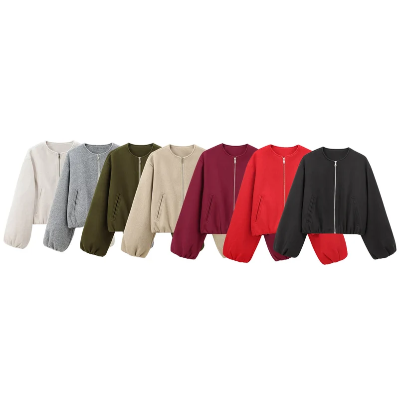 Damen Kurzer Wollmix-Bomber mit Rundhals, Reißverschluss und elastischem Saum Nord Taschen