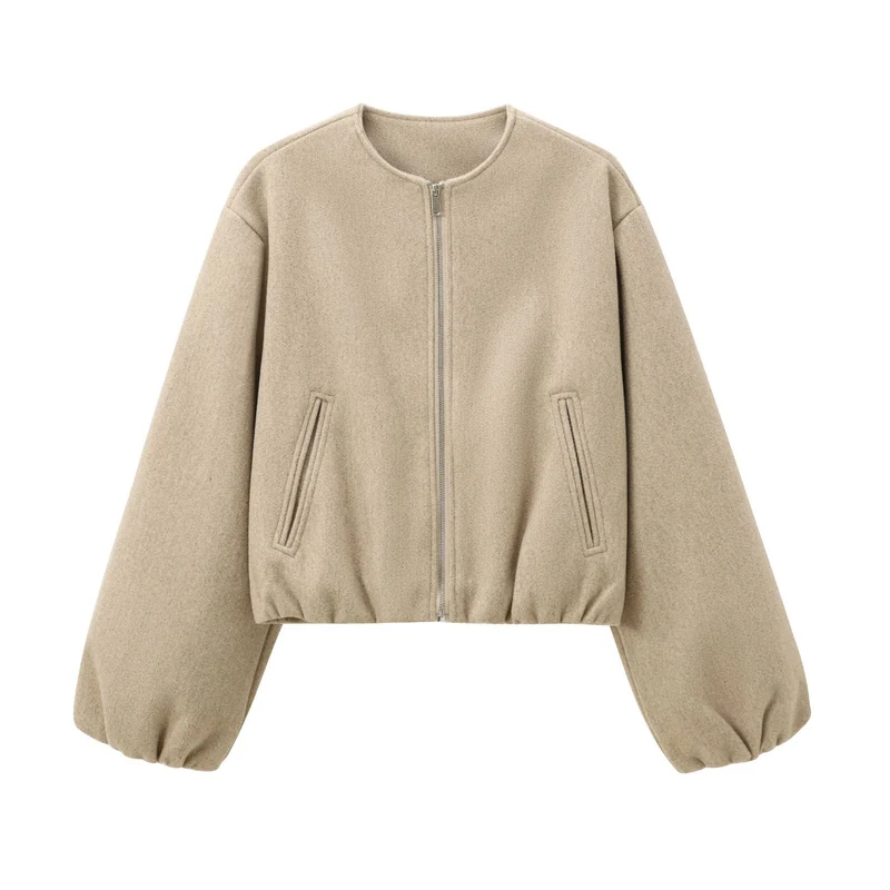 Damen Kurzer Wollmix-Bomber mit Rundhals, Reißverschluss und elastischem Saum Nord Taschen