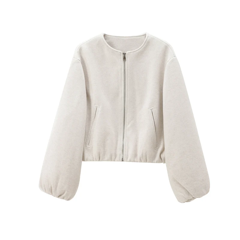 Damen Kurzer Wollmix-Bomber mit Rundhals, Reißverschluss und elastischem Saum Nord Taschen