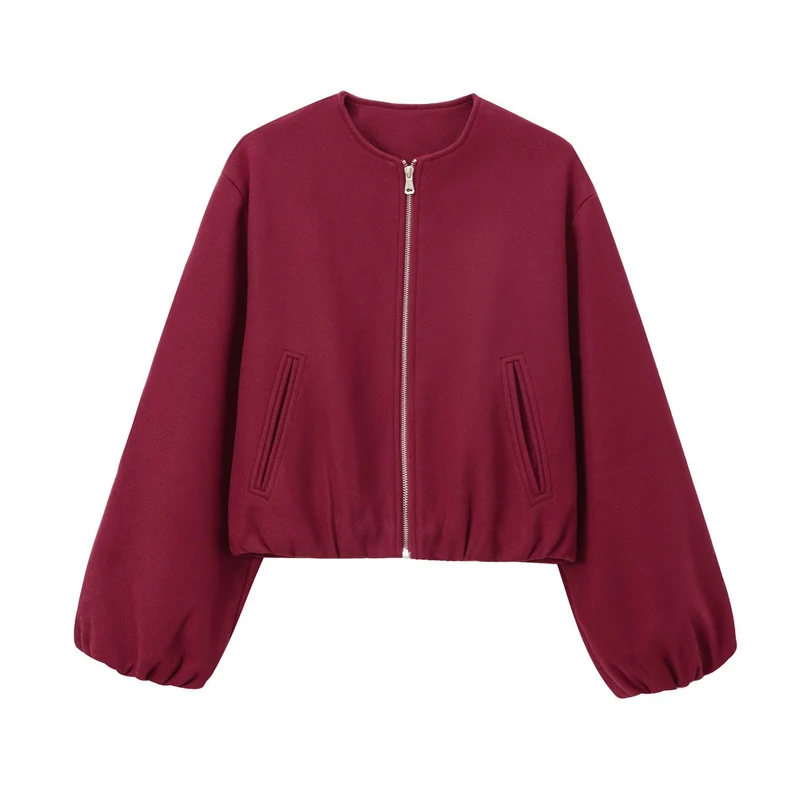 Damen Kurzer Wollmix-Bomber mit Rundhals, Reißverschluss und elastischem Saum Nord Taschen