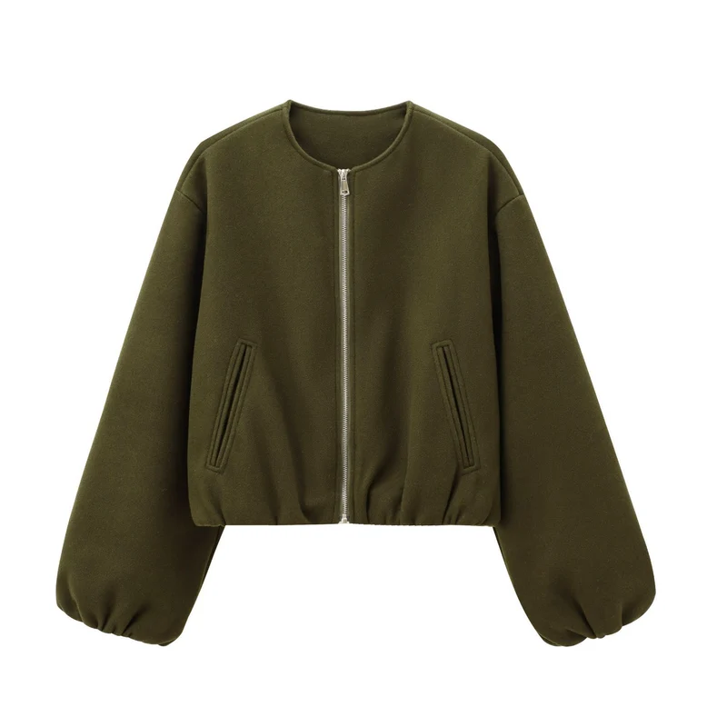 Damen Kurzer Wollmix-Bomber mit Rundhals, Reißverschluss und elastischem Saum Nord Taschen