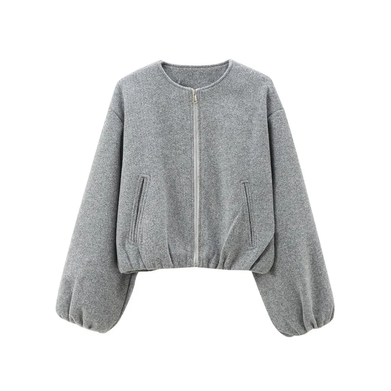 Damen Kurzer Wollmix-Bomber mit Rundhals, Reißverschluss und elastischem Saum Nord Taschen