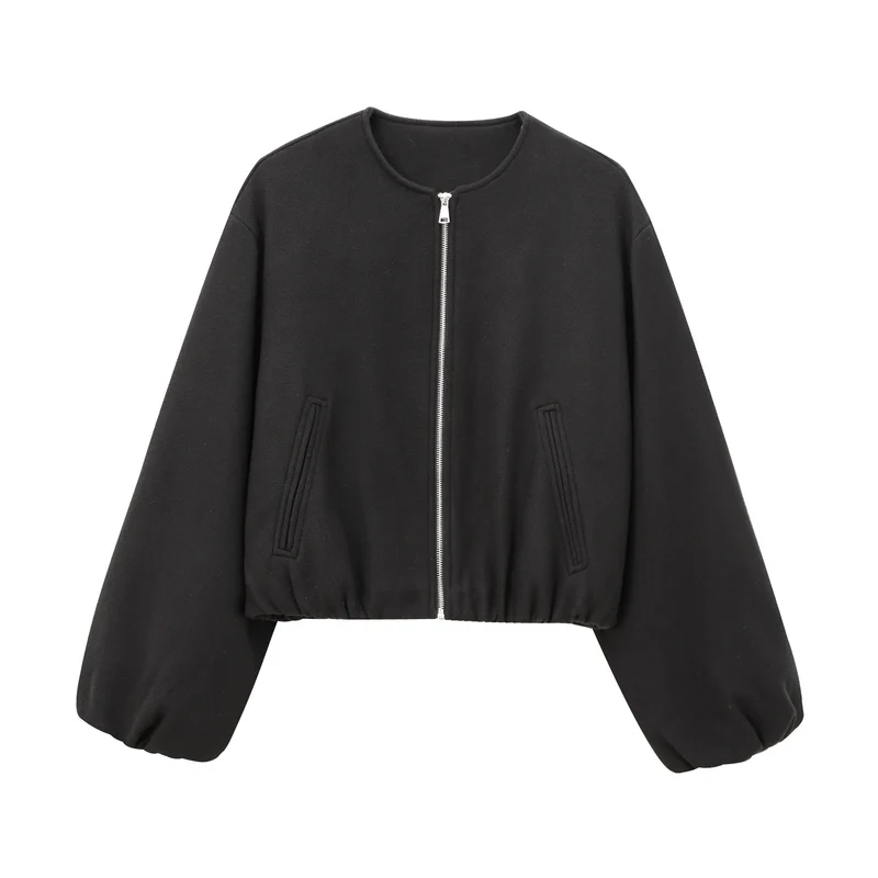 Damen Kurzer Wollmix-Bomber mit Rundhals, Reißverschluss und elastischem Saum Nord Taschen