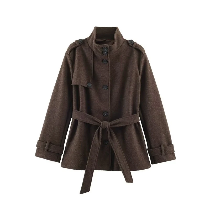 Damen Kurzer taillierter Mantel mit Stehkragen, Schulterriegeln und Bindegürtel Nord Taschen