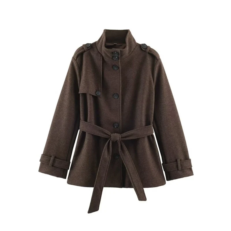 Damen Kurzer taillierter Mantel mit Stehkragen, Schulterriegeln und Bindegürtel Nord Taschen