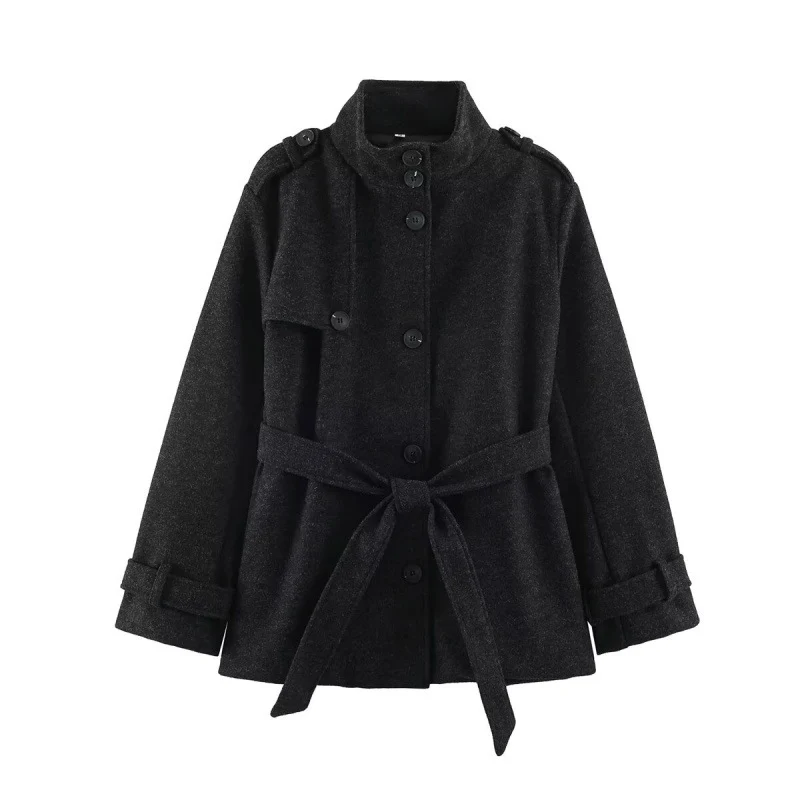 Damen Kurzer taillierter Mantel mit Stehkragen, Schulterriegeln und Bindegürtel Nord Taschen
