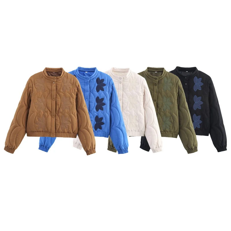 Damen Kurzer gesteppter Blouson mit floraler Stepp-Applikation, Stehkragen und elastischem Bund Nord Taschen