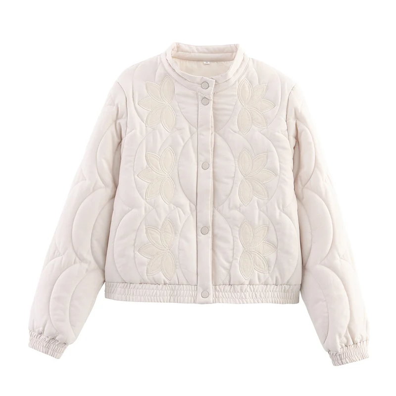 Damen Kurzer gesteppter Blouson mit floraler Stepp-Applikation, Stehkragen und elastischem Bund Nord Taschen
