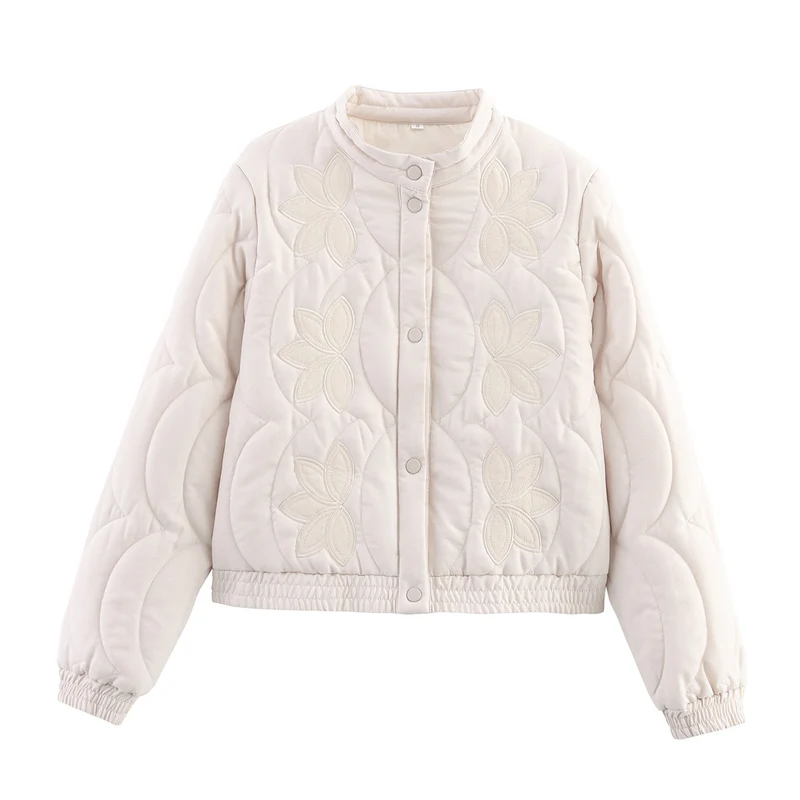Damen Kurzer gesteppter Blouson mit floraler Stepp-Applikation, Stehkragen und elastischem Bund Nord Taschen