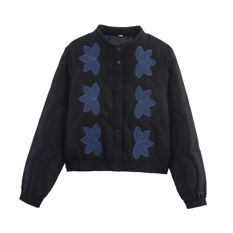 Damen Kurzer gesteppter Blouson mit floraler Stepp-Applikation, Stehkragen und elastischem Bund Nord Taschen