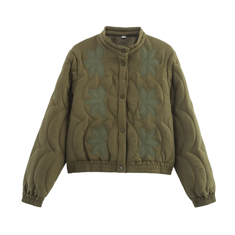 Damen Kurzer gesteppter Blouson mit floraler Stepp-Applikation, Stehkragen und elastischem Bund Nord Taschen