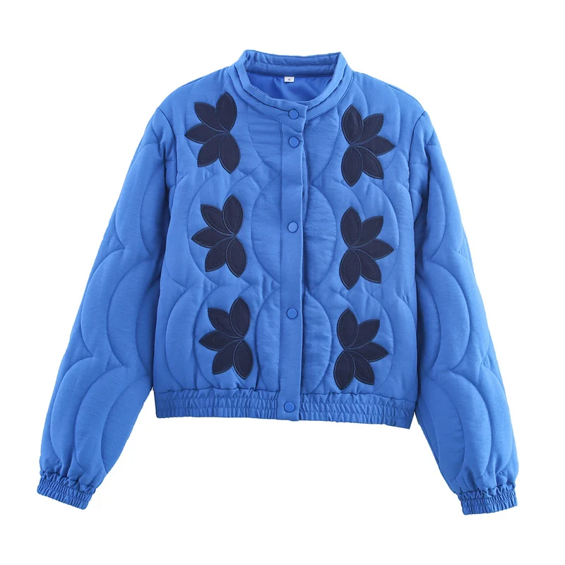 Damen Kurzer gesteppter Blouson mit floraler Stepp-Applikation, Stehkragen und elastischem Bund Nord Taschen