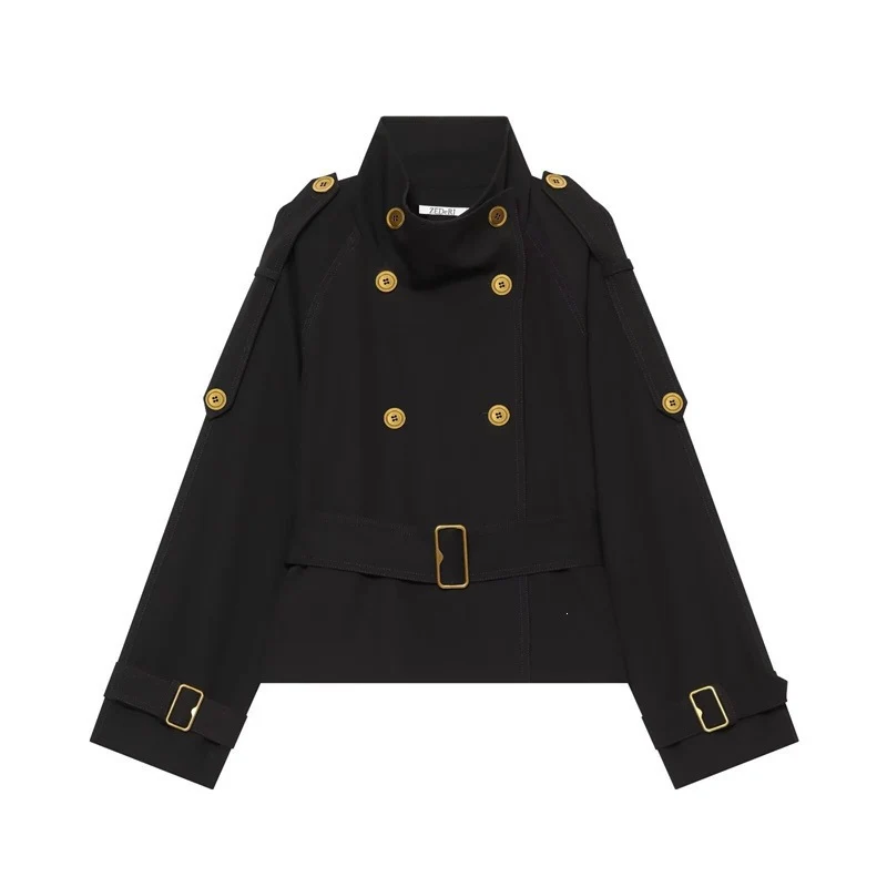 Damen Kurzer Doppelreiher-Trench mit Taillengürtel, Schulterklappen und goldfarbenen Details Nord Taschen