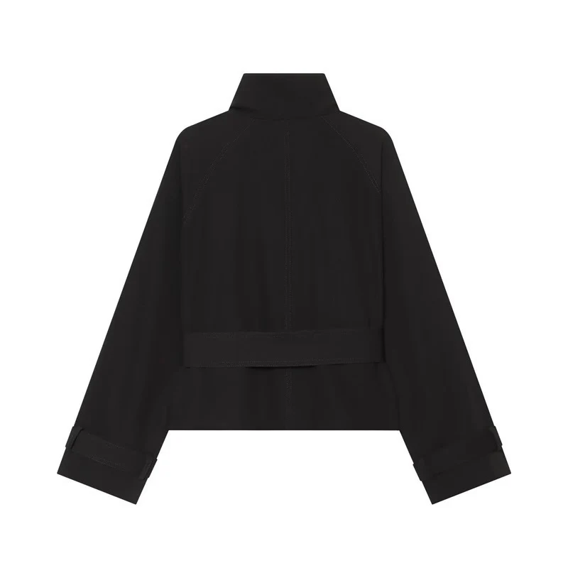 Damen Kurzer Doppelreiher-Trench mit Taillengürtel, Schulterklappen und goldfarbenen Details Nord Taschen
