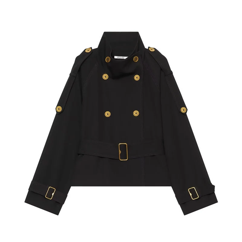 Damen Kurzer Doppelreiher-Trench mit Taillengürtel, Schulterklappen und goldfarbenen Details Nord Taschen