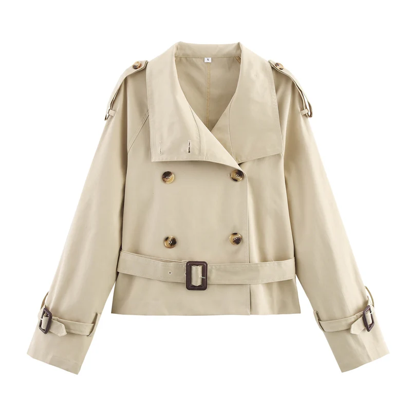 Damen Kurzer Doppelreiher Trench‑Blouson mit hohem Stehkragen, Schulterriegeln und Taillengürtel Nord Taschen