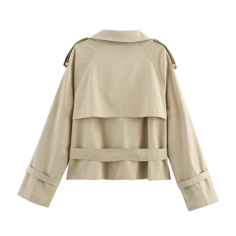 Damen Kurzer Doppelreiher Trench‑Blouson mit hohem Stehkragen, Schulterriegeln und Taillengürtel Nord Taschen