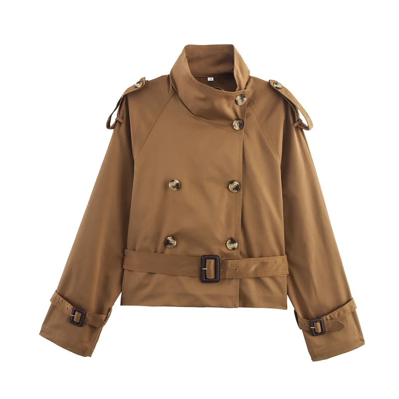 Damen Kurzer Doppelreiher Trench‑Blouson mit hohem Stehkragen, Schulterriegeln und Taillengürtel Nord Taschen
