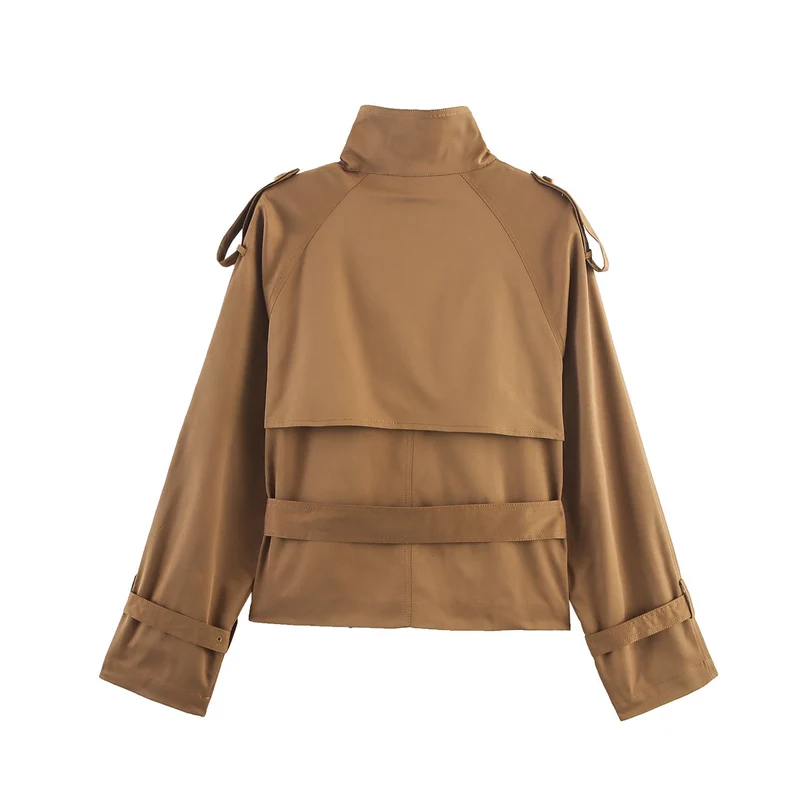Damen Kurzer Doppelreiher Trench‑Blouson mit hohem Stehkragen, Schulterriegeln und Taillengürtel Nord Taschen