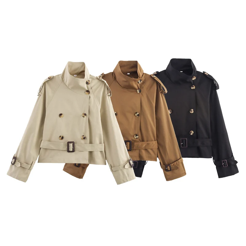 Damen Kurzer Doppelreiher Trench‑Blouson mit hohem Stehkragen, Schulterriegeln und Taillengürtel Nord Taschen